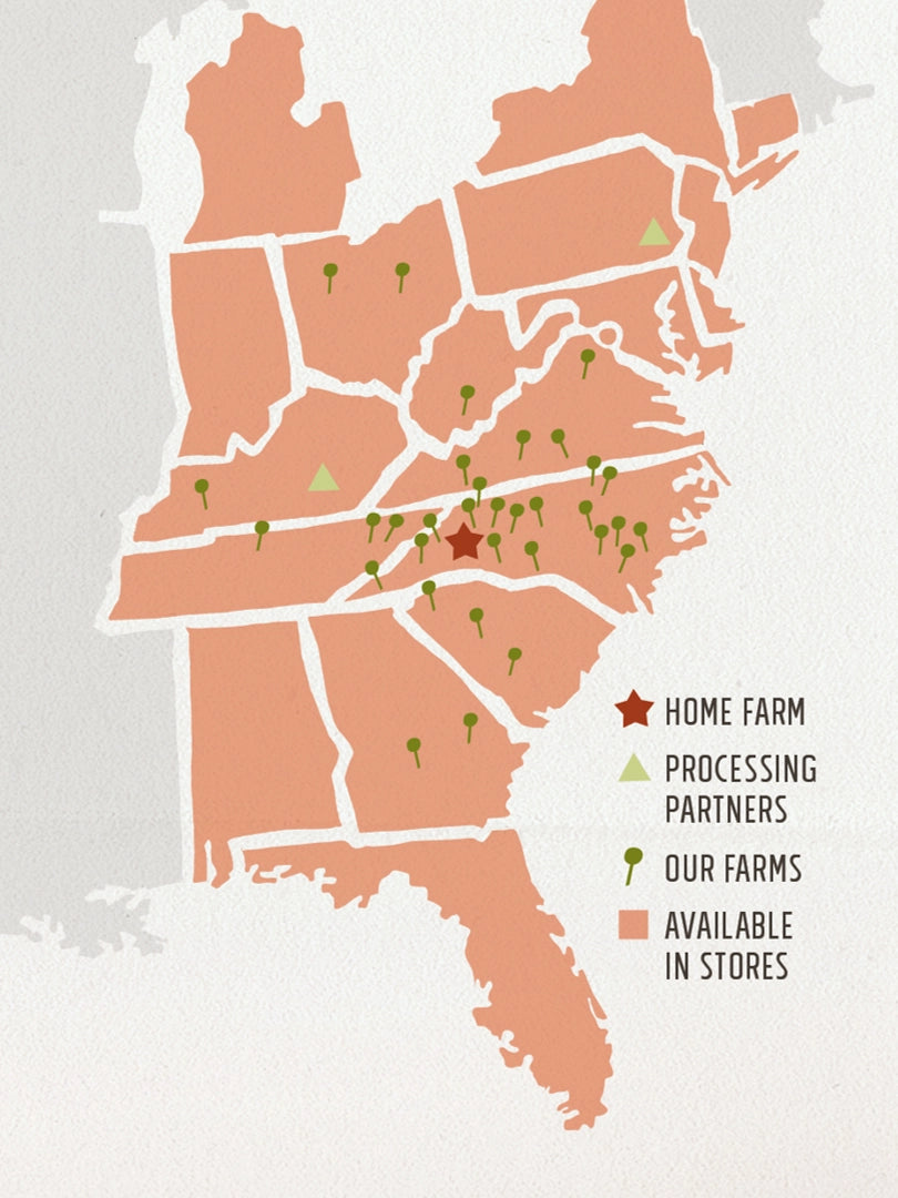 Map of a region with labeled farms and processing partners on a light gray background